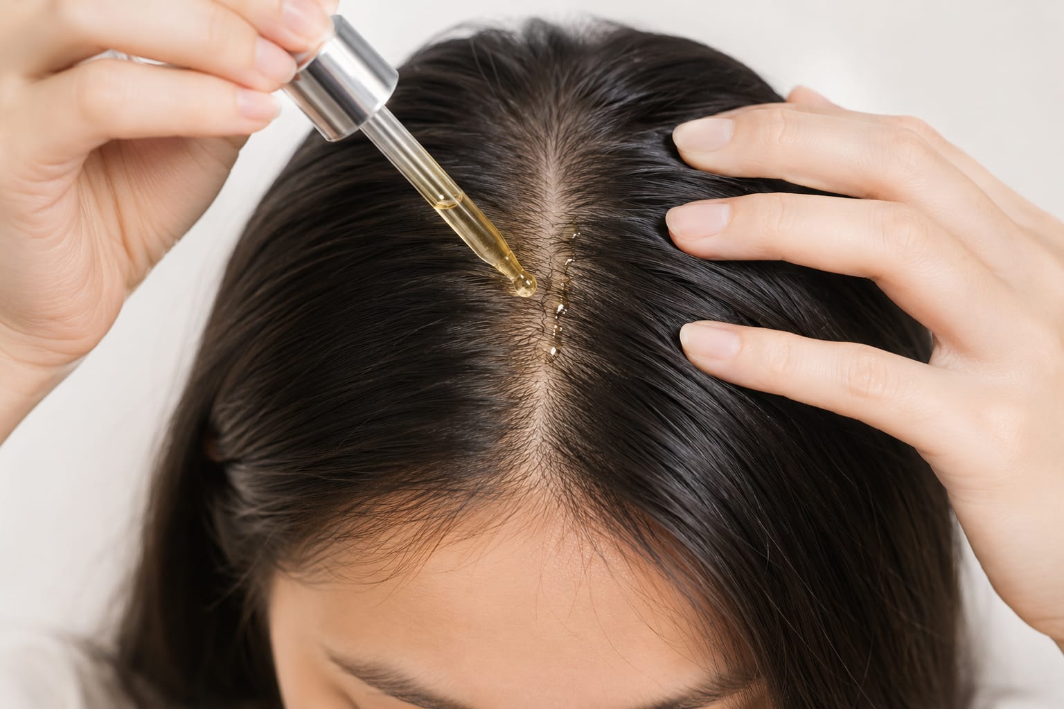 Applying hair oil to scalp partings